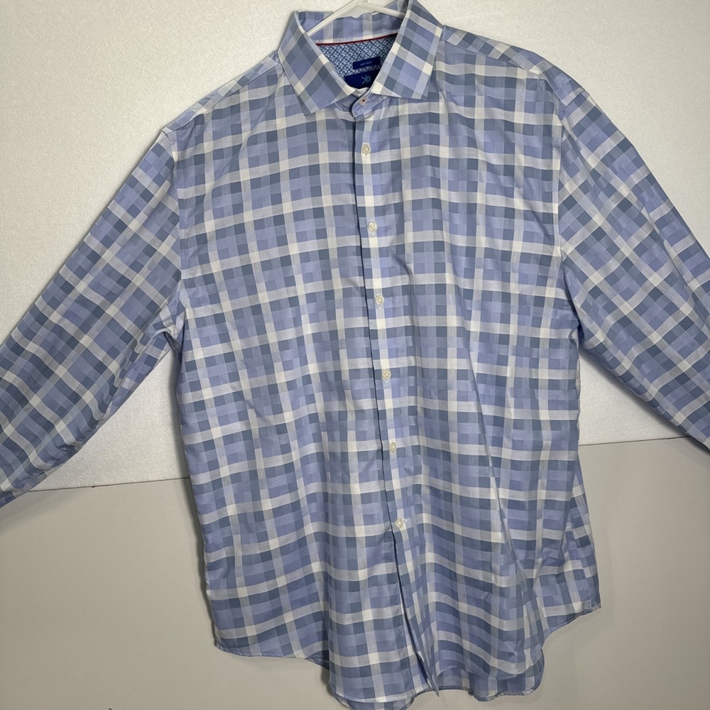 Egara Mens Shirt Plaid Flip Cuff Size XL 100% Cotton‎ Sport Shirt Blue Plaid
